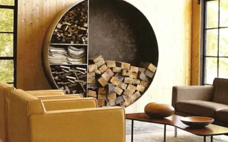 Holz sortieren im Wohnzimmer - Cortenstahl-Regal mit Scheiten und Stöcken