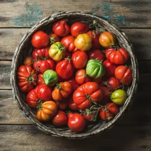 Tomaten nachreifen in einer Obstschale, da die Früchte um sie herum Ethen abgeben