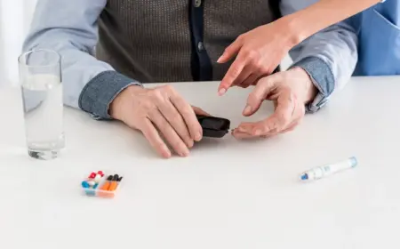 pflegekraft senior bei der blutzuckerkontrolle zur messung der blutzuckerwerte zu hause