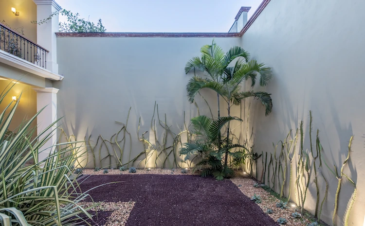 zeitgenössisches design für hinterhof mit gartenpfad aus kies und dekorativer bepflanzung