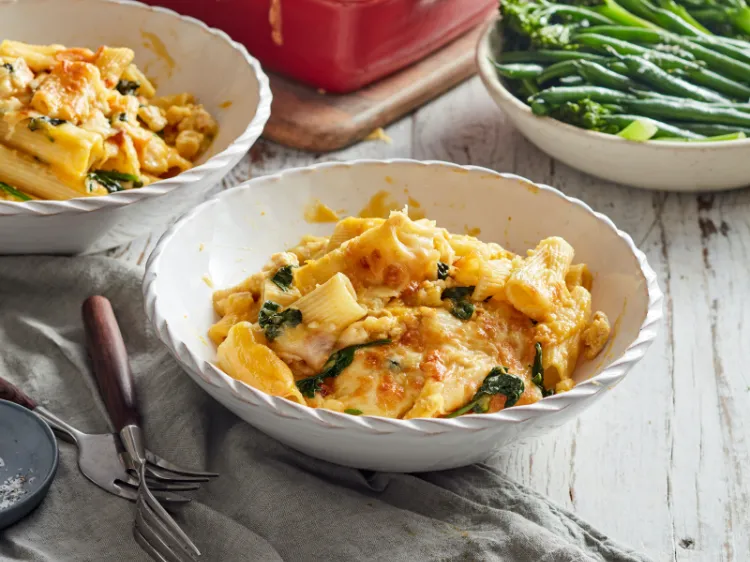 Rezept Kürbis Spinat Pasta Auflauf schnelles Abendessen Rezept