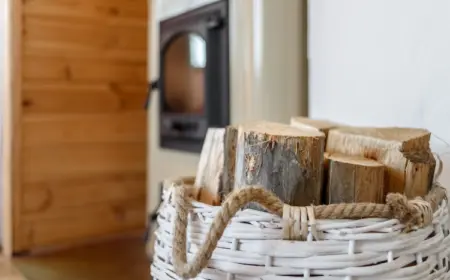 ein korb mit holzscheiten gefüllt und zum heizen mit holz durch kamin im winter gedacht