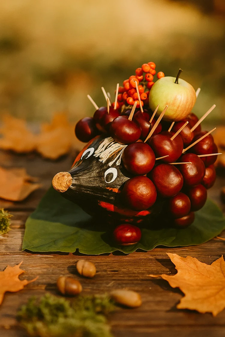 igel basteln aus naturmaterialien zierkürbis kastanien apfel