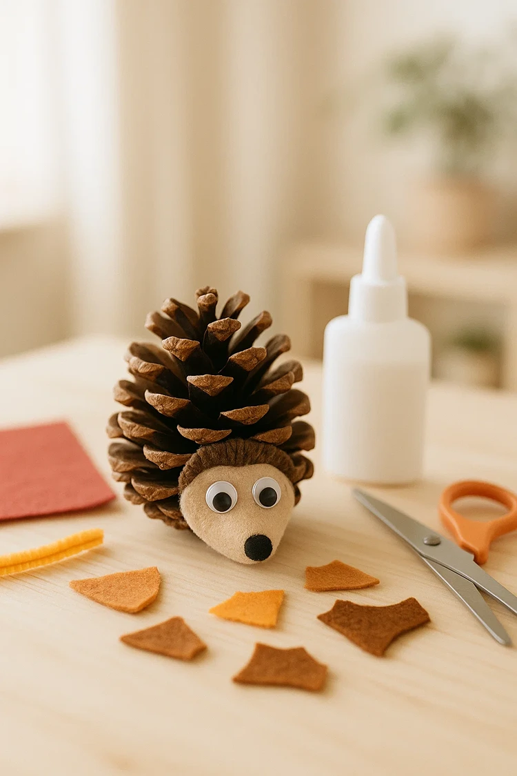 igel basteln aus zapfen mit kindern im herbst