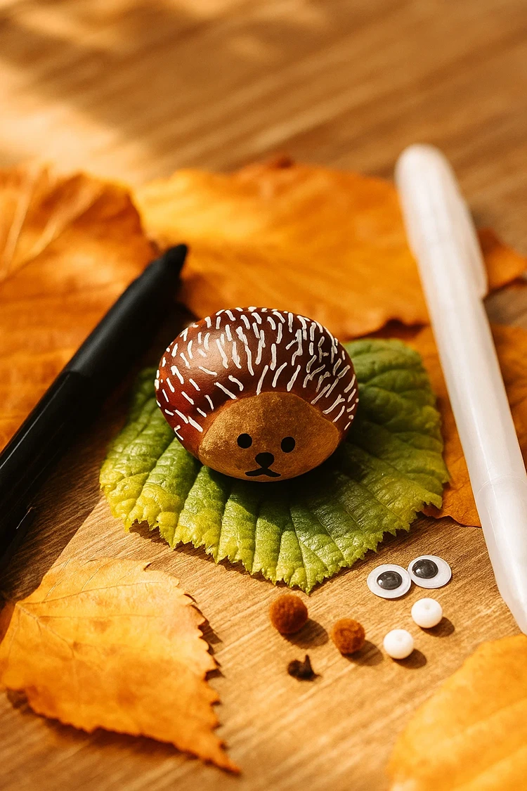 igel basteln mit kastanien und weißem stift