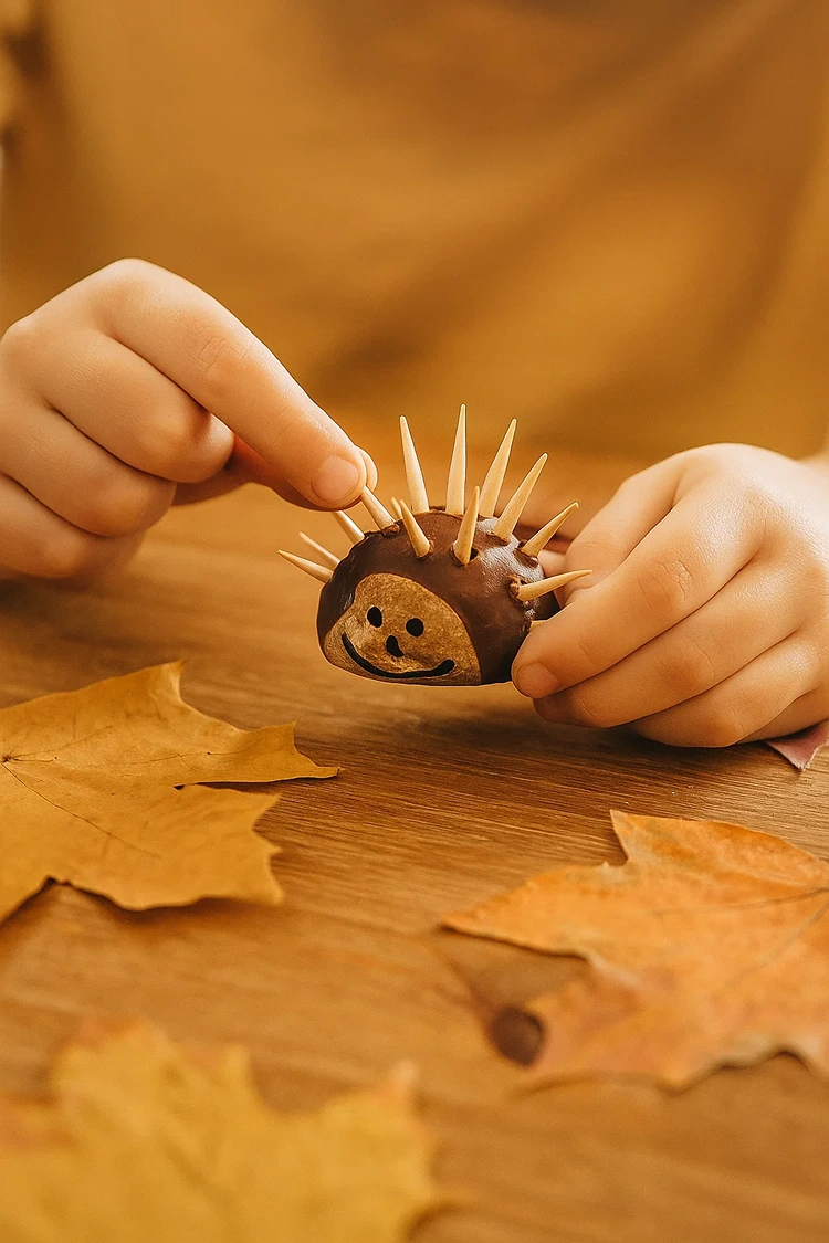 igel basteln mit kindern aus kastanie und zahnstochern