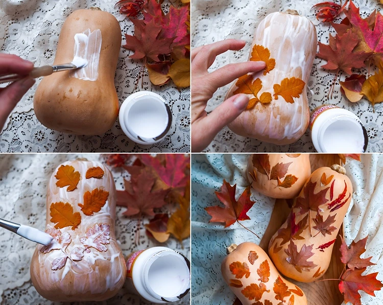 Mit der Serviettentechnik Blätter auf einen Kürbis kleben