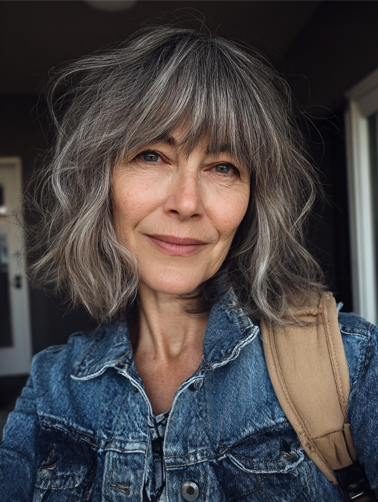 mittellange frisuren ab 50 mit pony, graue haare