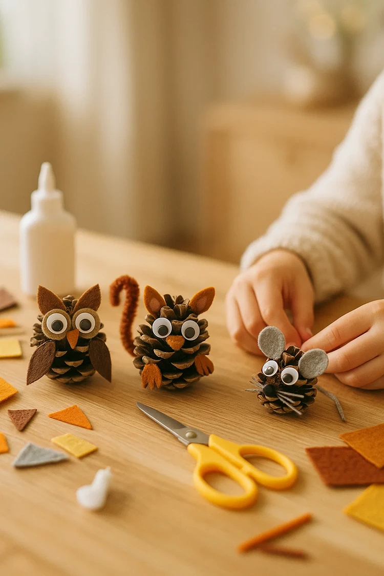 niedliche zapfen tierchen basteln mit kindern