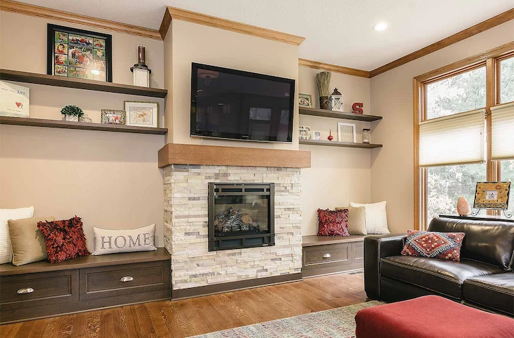 schlichte und dennoch stilvolle innenraumgestaltung kombiniert sideboard mit kamin im wohnzimmer