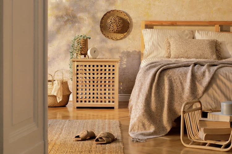 stilvoll eingerichtetes schlafzimmer im mediterranen stil mit holzmöbeln