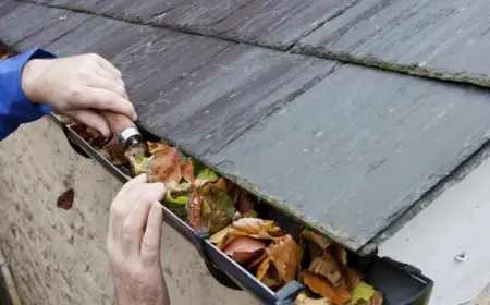 von hand mit gartenkelle laub aus regenrinne reinigen und ausschöpfen im frühling oder in der herbstsaison