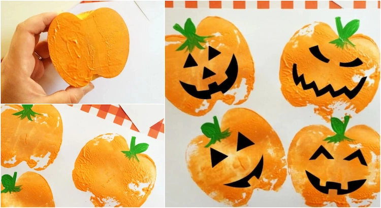 Using the inside of the apple as a stamp, dip the inside in orange paint