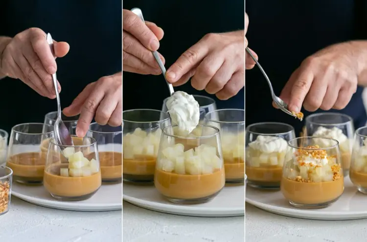 Birnen Dessert im Glas zubereiten - Creme mit Früchten und Sahne als Topping