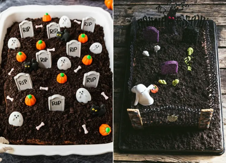 Friedhof Halloween Kuchen mit Grabsteinen aus Keksen