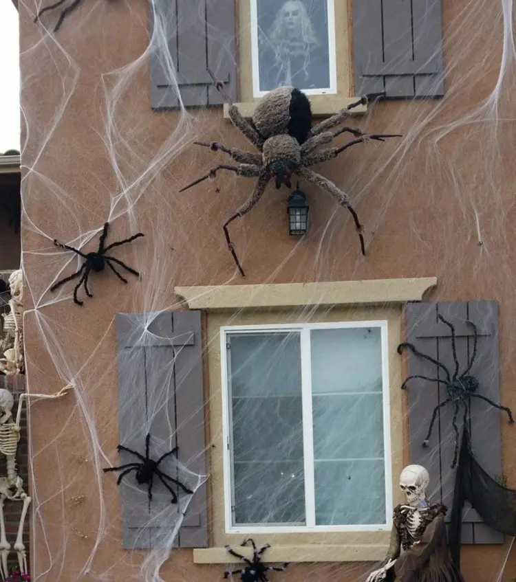 Große Spinnen und Spinnenweben für die Hauswand und Fenster