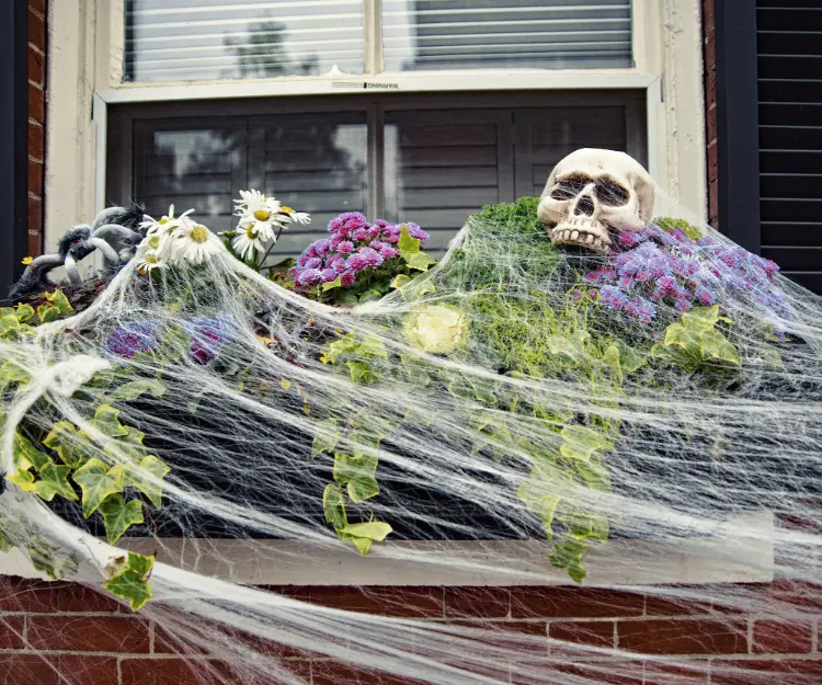 Halloween Deko mit Spinnennetz für Balkonkasten selber machen