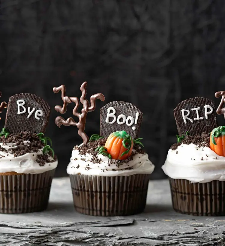 Muffins und Cupcakes wie Gräber gestalten mit Süßigkeiten