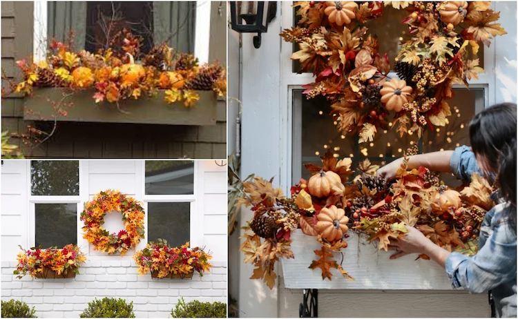 Versuchen Sie diese Herbstdeko mit roten und orangefarbenen Blättern, Zweigen, Tannenzapfen und Trockenblumen