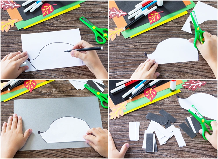 Igel zeichnen, ausschneiden und auf Papier kleben