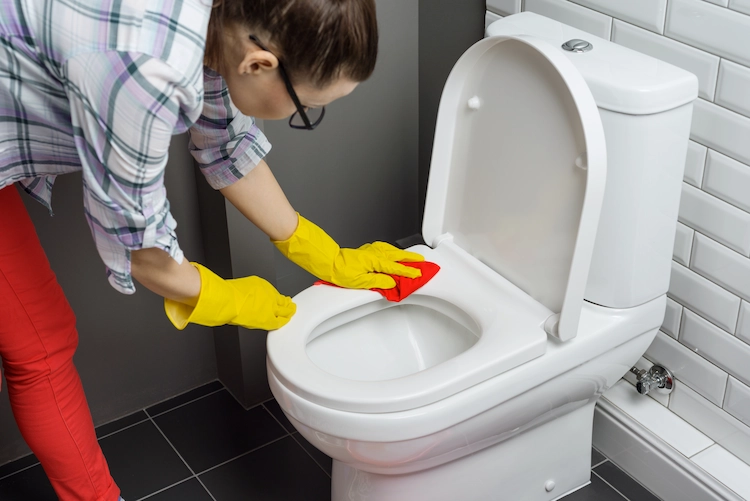 mit den passenden reinigunsmitteln eine toilette reinigen und durch desinfektion bakterien beseitigen