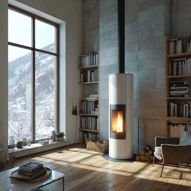 Moderner Holzofen mit Steinwand als Hintergrund