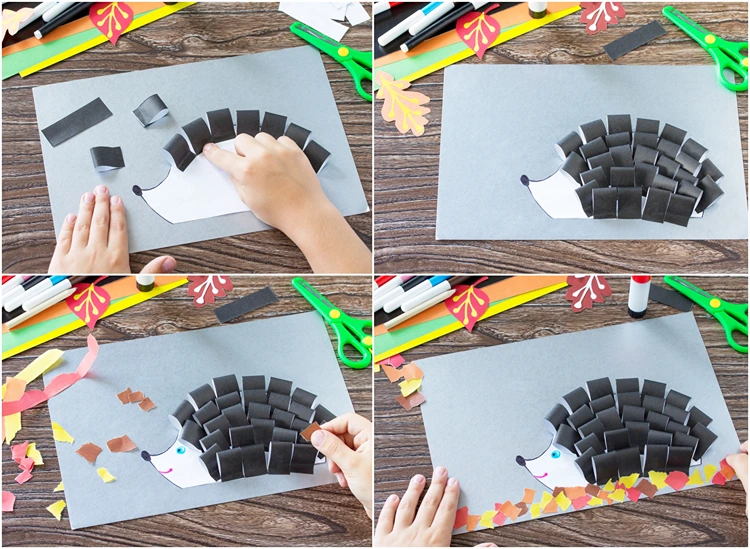 Schwarze Streifen ausschneiden und als Schlaufen auf den Igel kleben