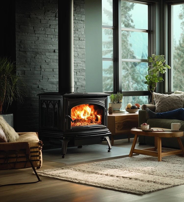 Vintage-Kaminofen mit schwarzen Natursteinen als Hintergrund