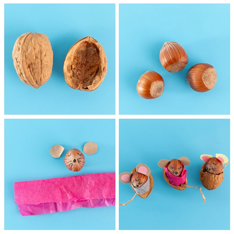 Walnüsse knacken, Haselnüsse mit Mausohren gestalten und in die Walnuss legen