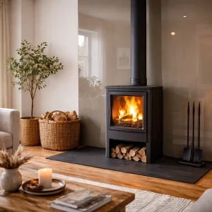 Wandverkleidung hinter Kaminofen aus Emaille-Glas für eine elegante Optik