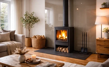 Wandverkleidung hinter Kaminofen aus Emaille-Glas für eine elegante Optik