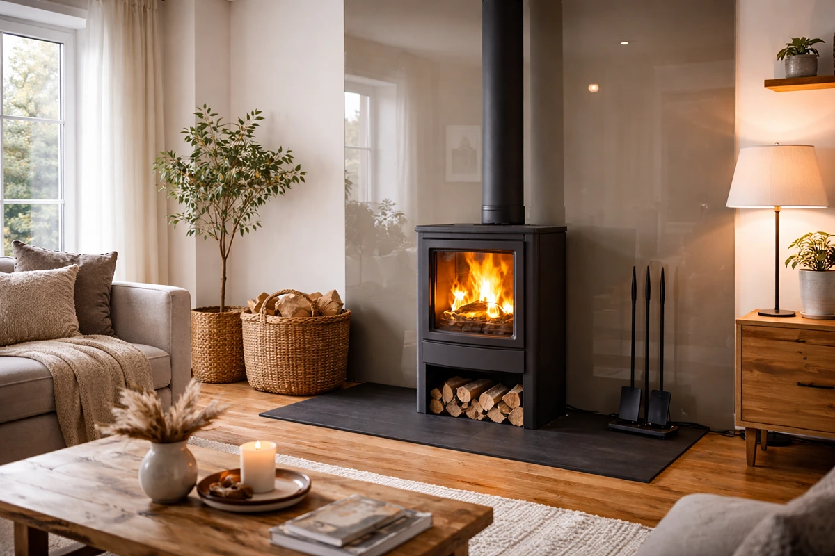 Wandverkleidung hinter Kaminofen aus Emaille-Glas für eine elegante Optik