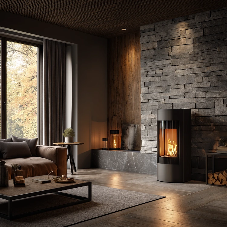 Wandverkleidung hinter Kaminofen aus Naturstein für rustikales Flair