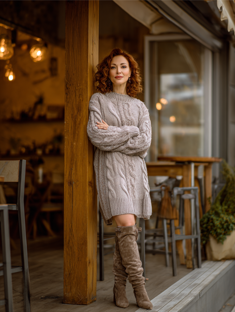 welche schuhe zum strickkleid tragen kniehohe stiefel