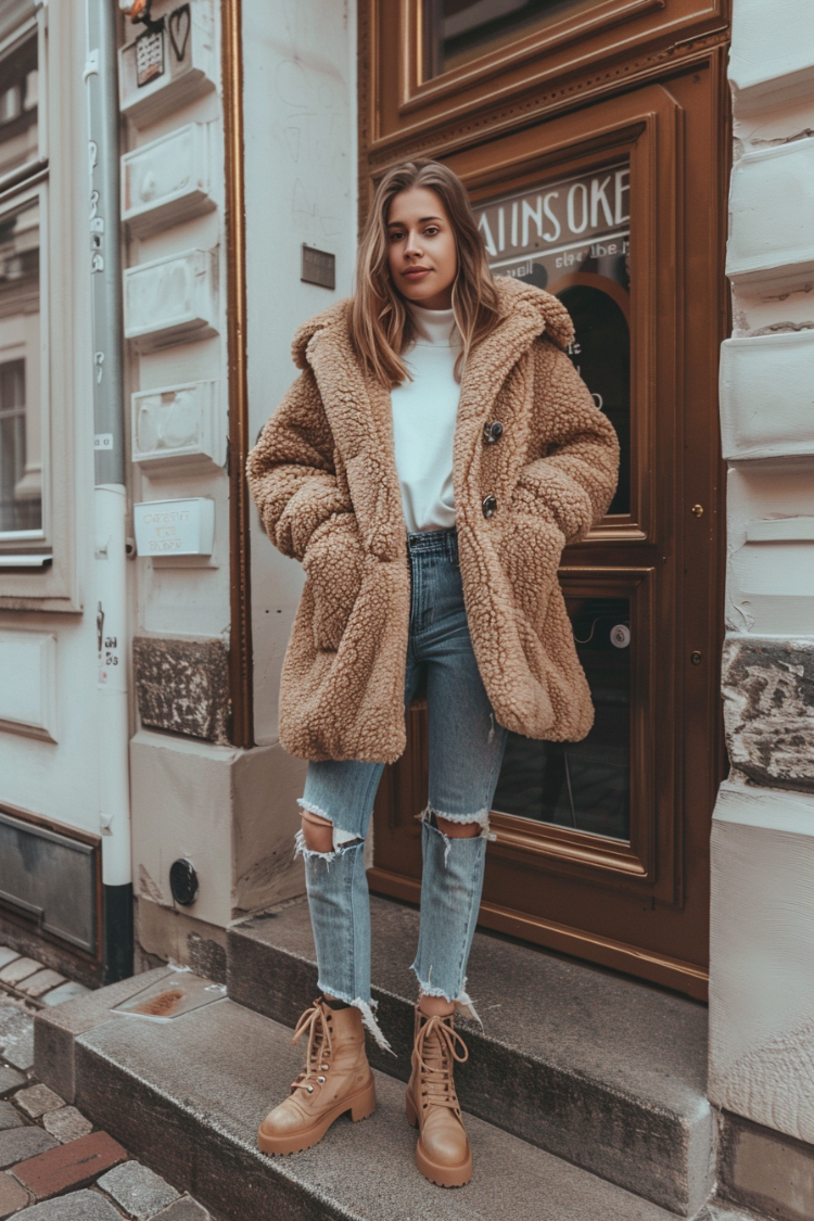 wie trägt man cropped jeans im herbst und winter mit teddyjacke
