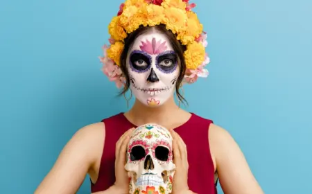 zuckerschädel und blumen im haar nach der mexikanischer feier dia de los muertos kostüm