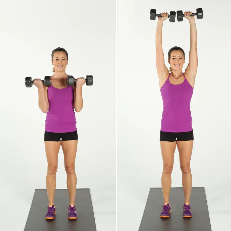 Arnold Press Ausführung Schulter Übungen mit Kurzhanteln Schulter-Workout Frauen