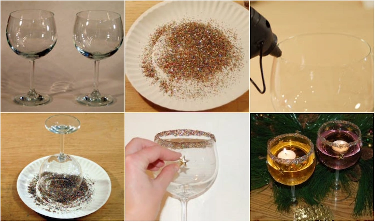 Beginnen Sie mit den Weinglas-Kerzenhaltern, indem Sie etwas Glitzer auf den Pappteller sprenkeln