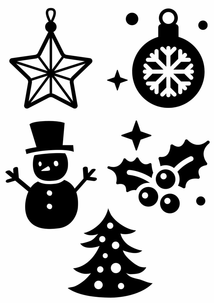 Fenster weihnachtlich bemalen - Schablonen für Schneemann, Tannenbaum, Stern und Mistelzweig