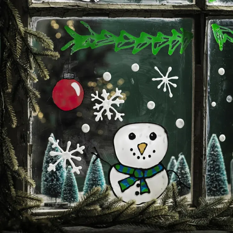 Fensterdeko zu Weihnachten basteln mit Kindern aus Fensterfarben mit weihnachtlichen Motiven