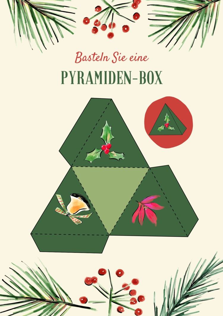 Geschenkbox zu Weihnachten in Pyramidenform - Farbige Vorlage zum Ausdrucken