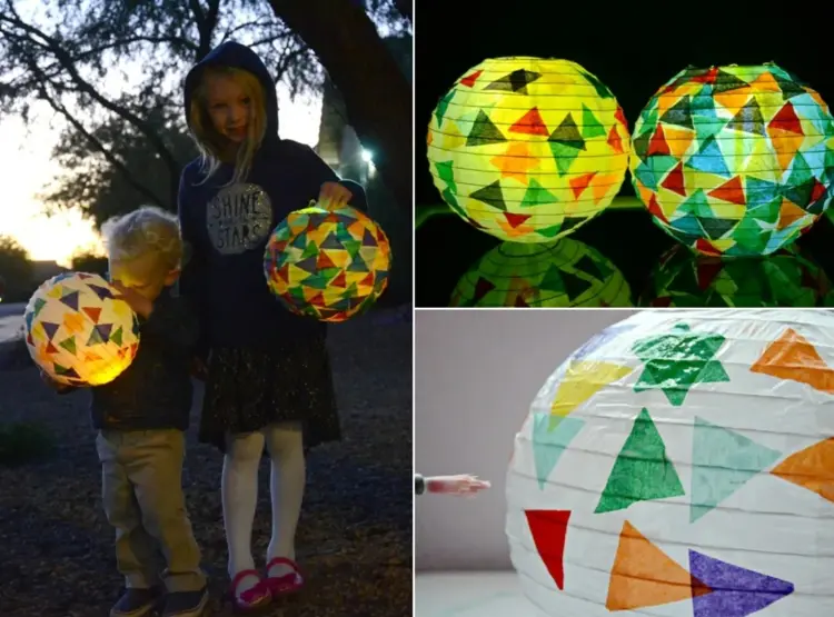 Laterne basteln für Kleinkinder aus einem Lampion - Mit Papier bekleben