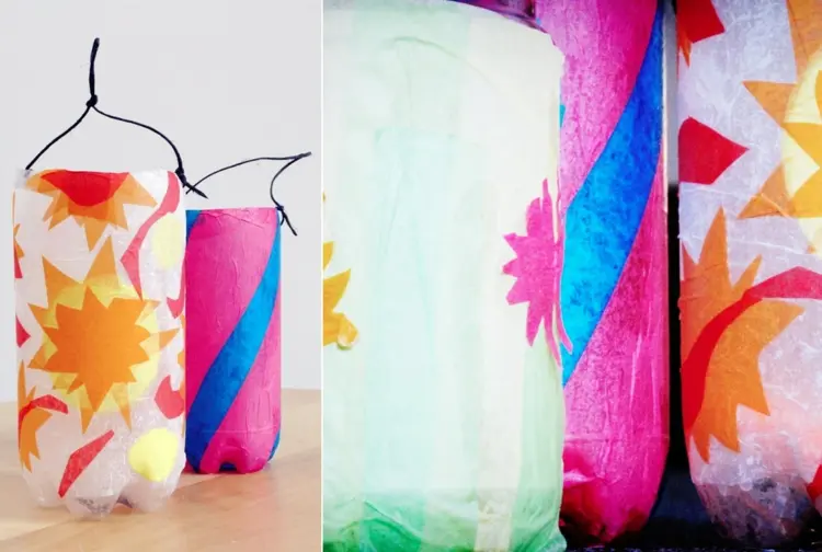 Laterne basteln für Kleinkinder mit Plastikflasche und Seidenpapier