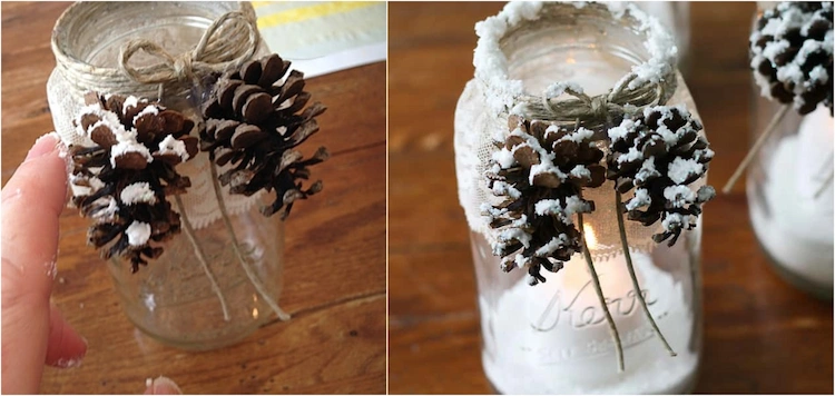 Sie können Naturmaterialien verwenden für verschneite Tannenzapfen-Kerzengläser
