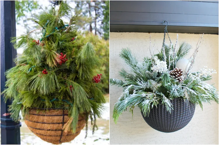 Winterdeko basteln aus Naturmaterialien - weihnachtliche Körbe und Pflanzgefäße