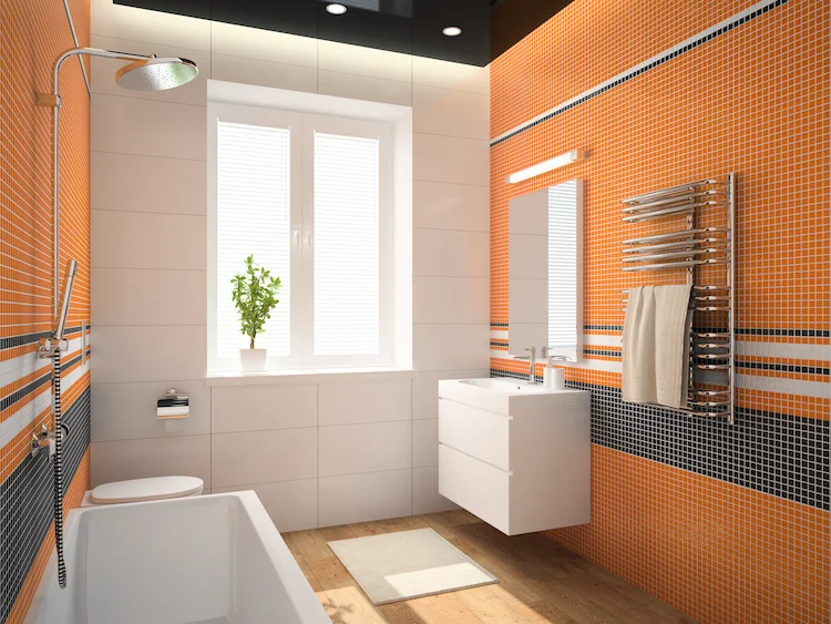 badezimmergestaltung mit orangenfarbenen fliesen als akzent setzen