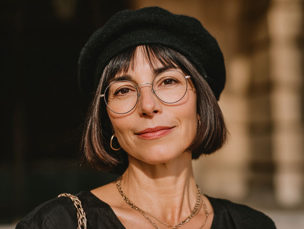 elegante frau mit barette, kurzem bob mit pony und brille