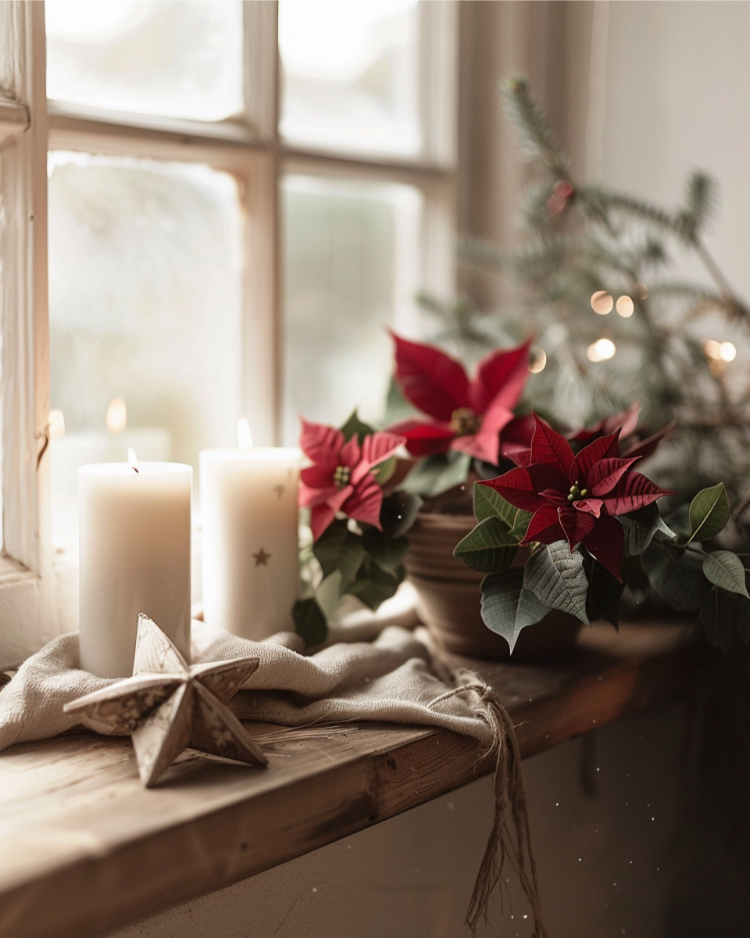 fensterdeko mit weihnachtsstern im skandinavischen stil