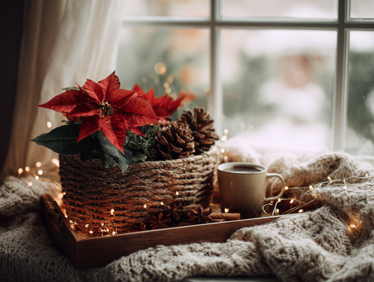 fensterdeko mit weihnachtsstern una makramee