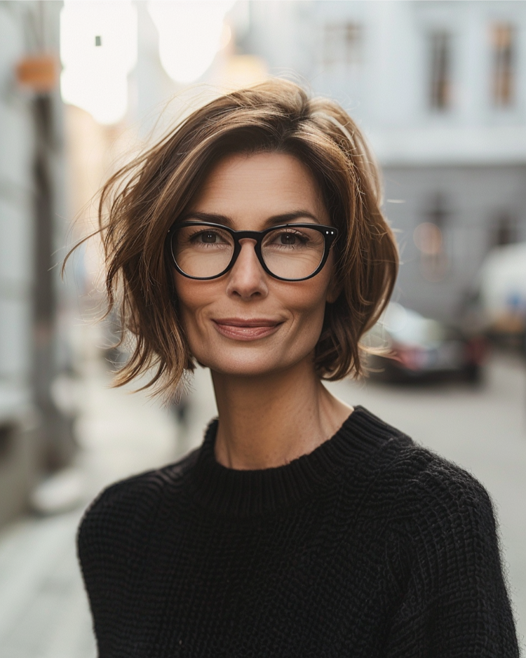 frau mit asymmetrischem bob und brille